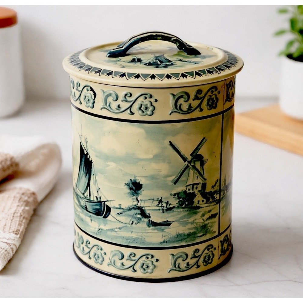 Vintage WEST GERMANY Dutch Scene Metal Tin Lidded Canister Windmill Delft Style